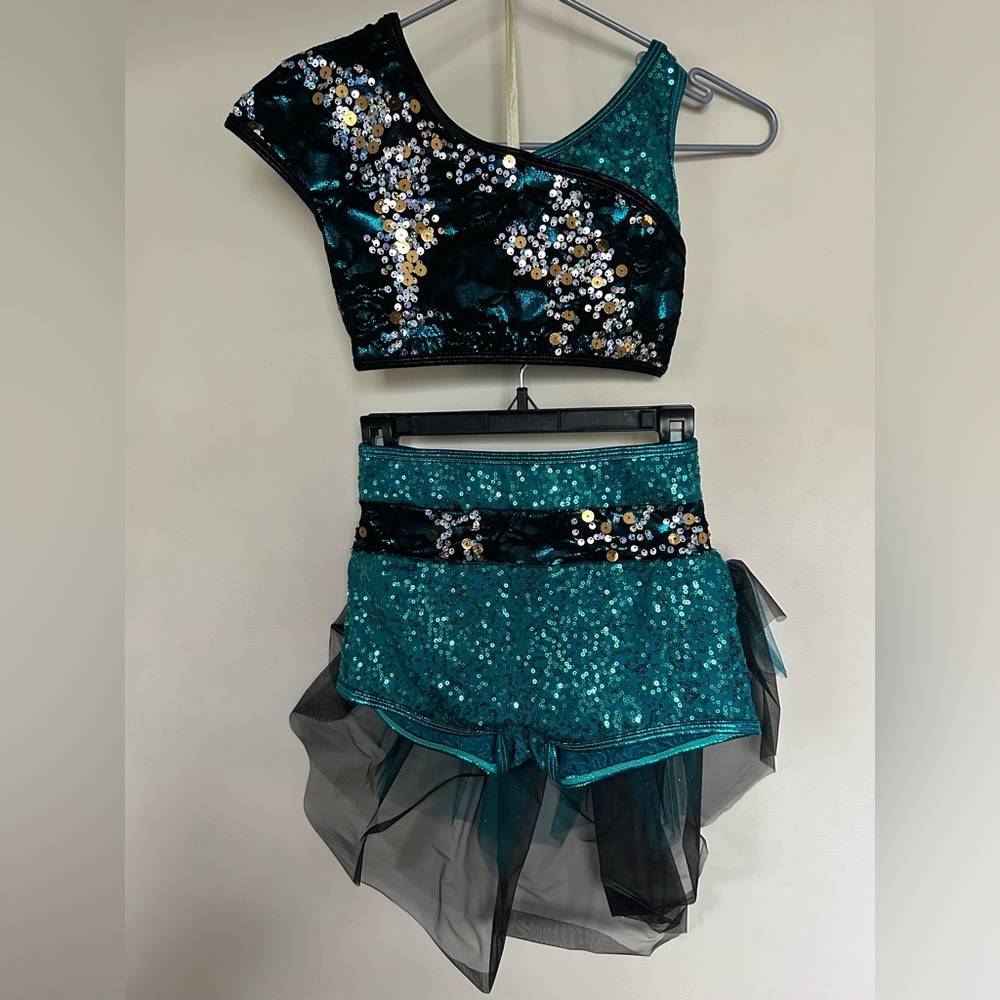 Curtain Call Green black lace silver sequin med child dance costume